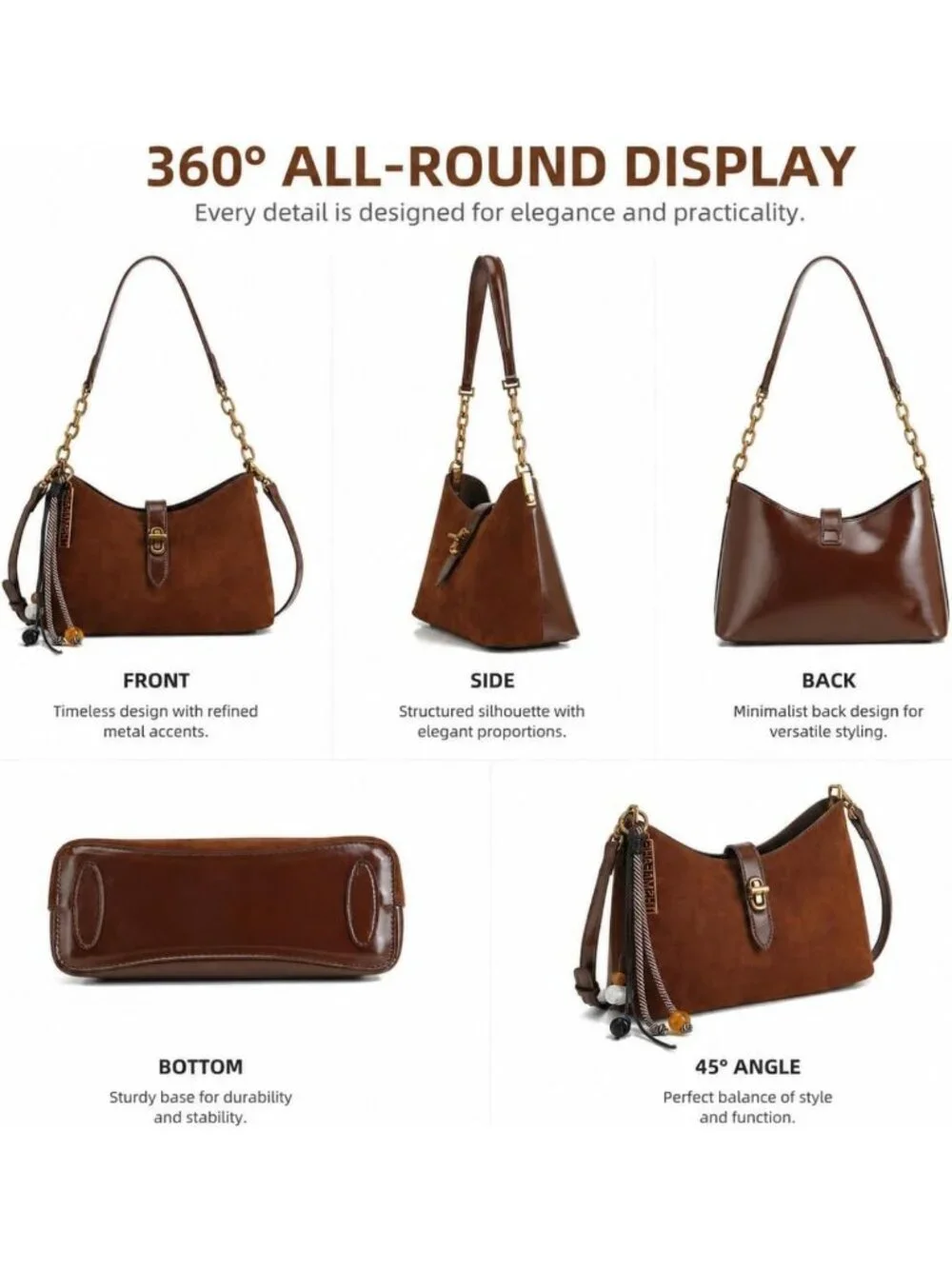 Lightweight Suede Crescent Shoulder Bag, Hobo Purse with Chain & Adjustable